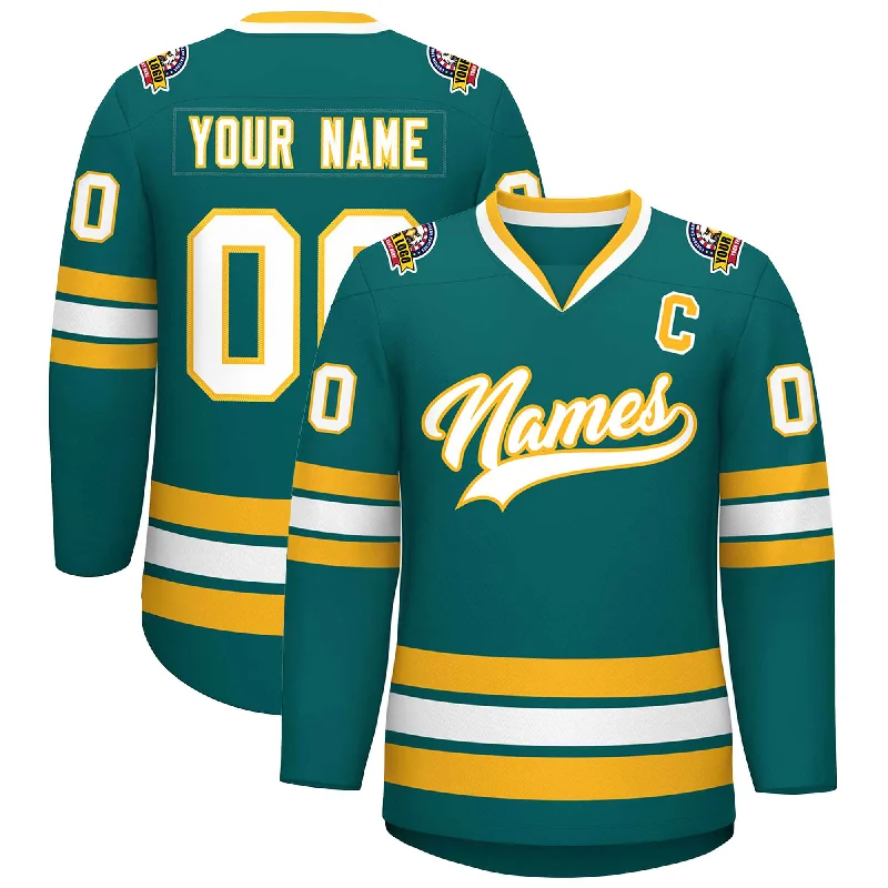 Custom Teal White-Gold Classic Style Hockey Jersey Confident Men's High