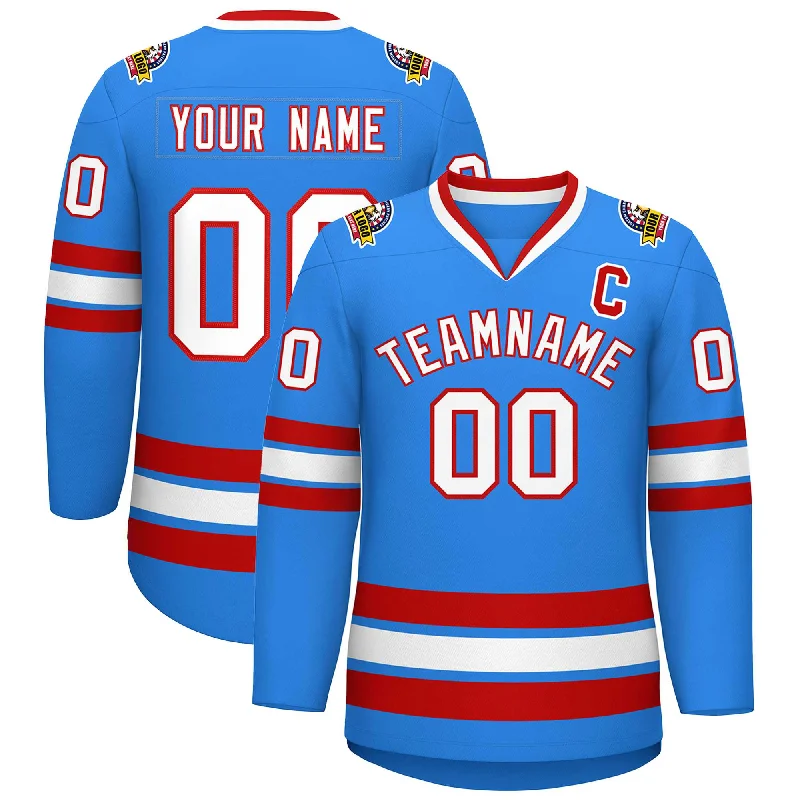 Custom Powder Blue White-Red Classic Style Hockey Jersey Unique Men's Upcycled