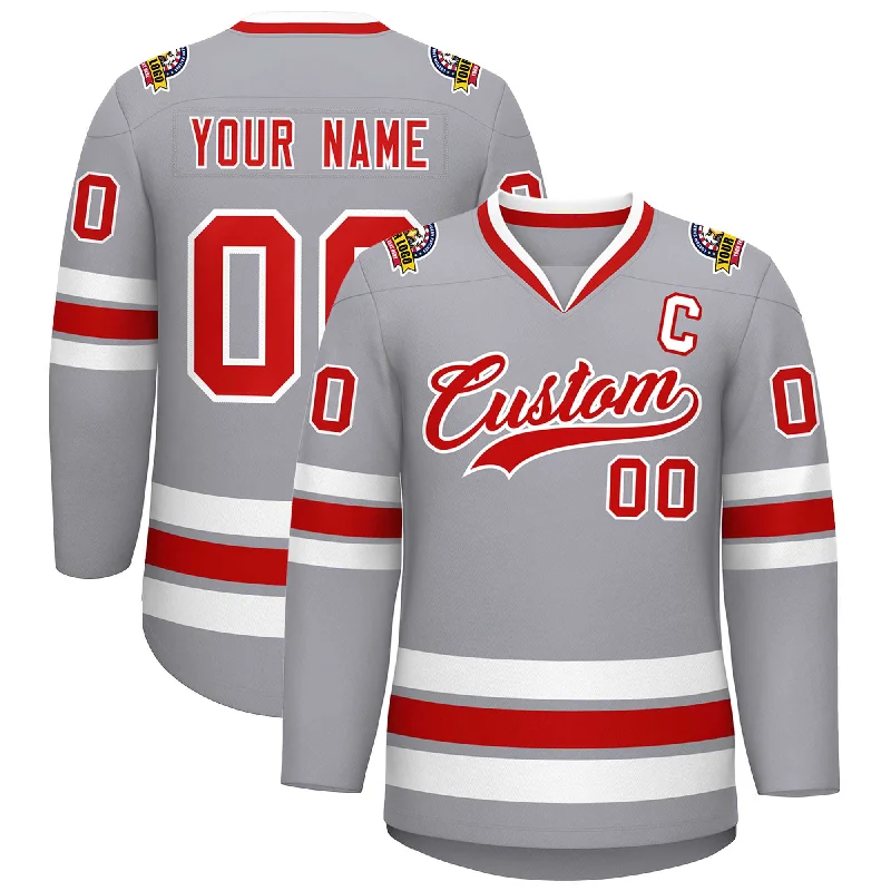 Custom Gray Red-White Classic Style Hockey Jersey Elegant Men's Cashmere