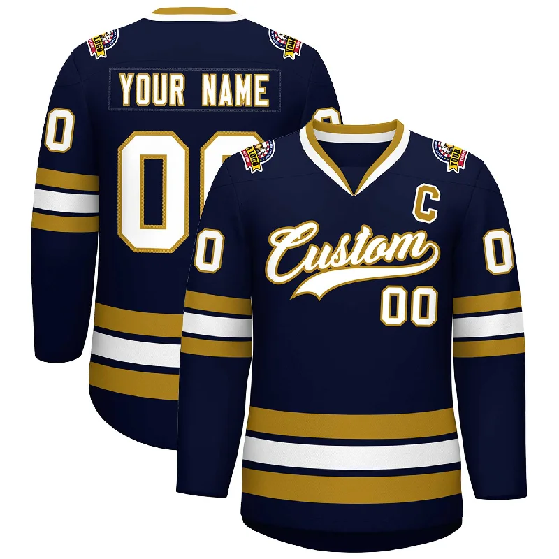 Custom Navy White-Old Gold Classic Style Hockey Jersey Youthful Men's Anime