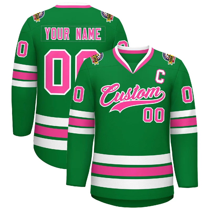 Custom Kelly Green Pink-White Classic Style Hockey Jersey Sophisticated Men's French