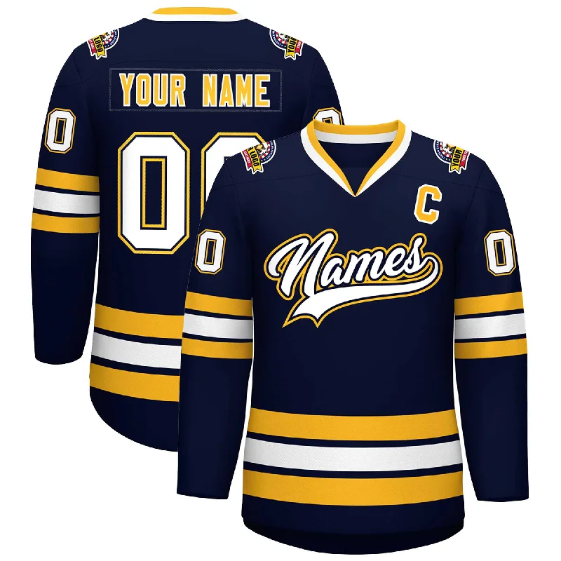 Custom Navy White Navy-Gold Classic Style Hockey Jersey Tough Men's Tactical