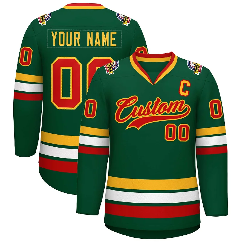 Custom Green Red-Gold Classic Style Hockey Jersey Laid