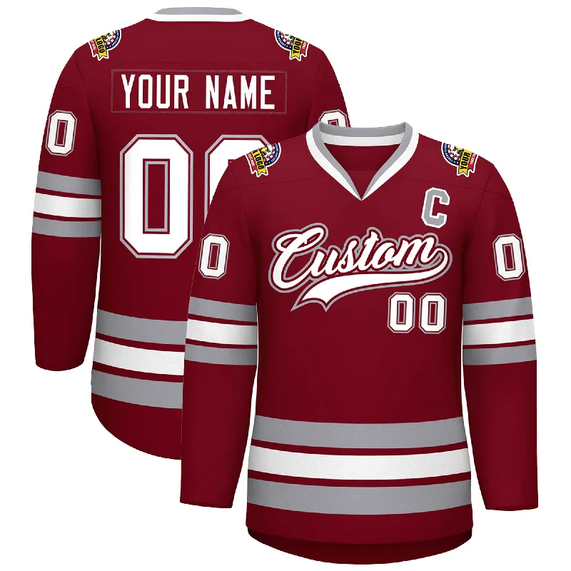 Custom Crimson White Crimson-Gray Classic Style Hockey Jersey Earthy Men's Sustainable 