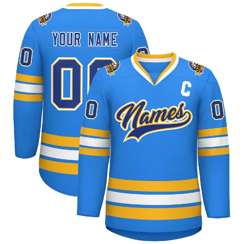 Custom Powder Blue Royal Gold-White Classic Style Hockey Jersey Laid