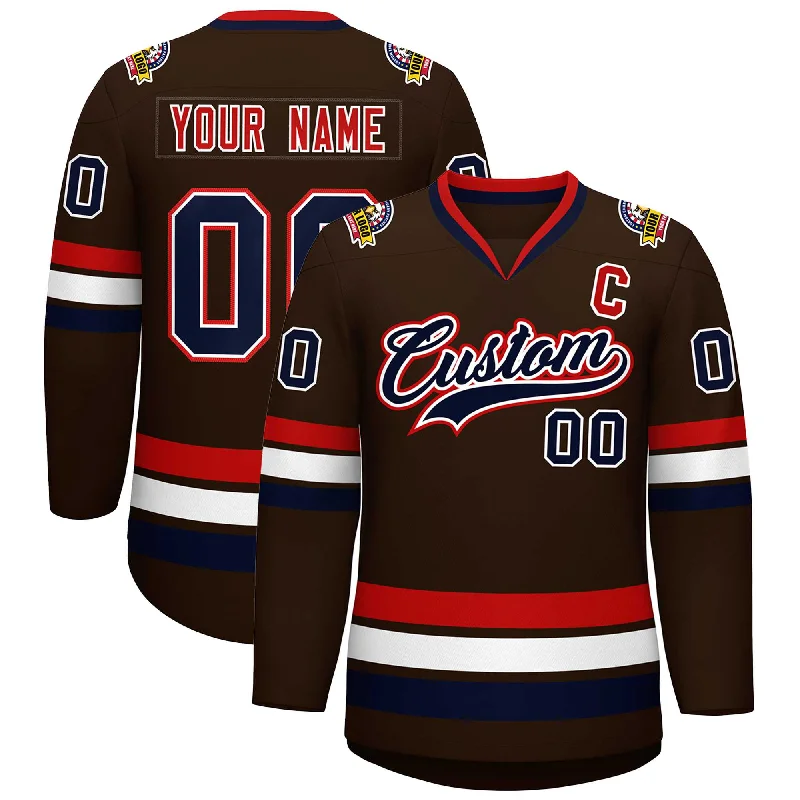 Custom Brown Navy White-Red Classic Style Hockey Jersey Adventure