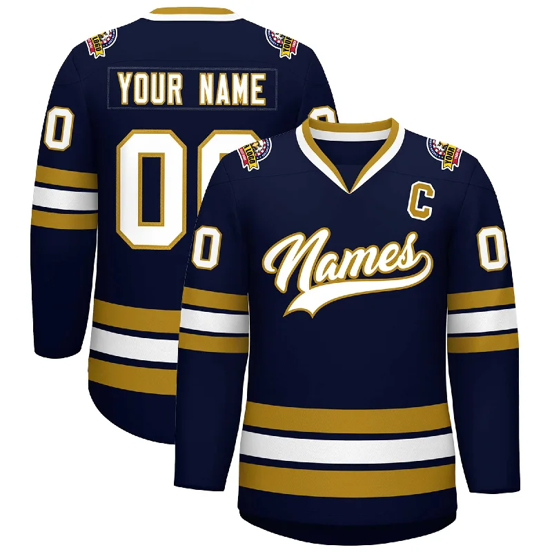 Custom Navy White-Old Gold Classic Style Hockey Jersey Elegant Men's Cashmere