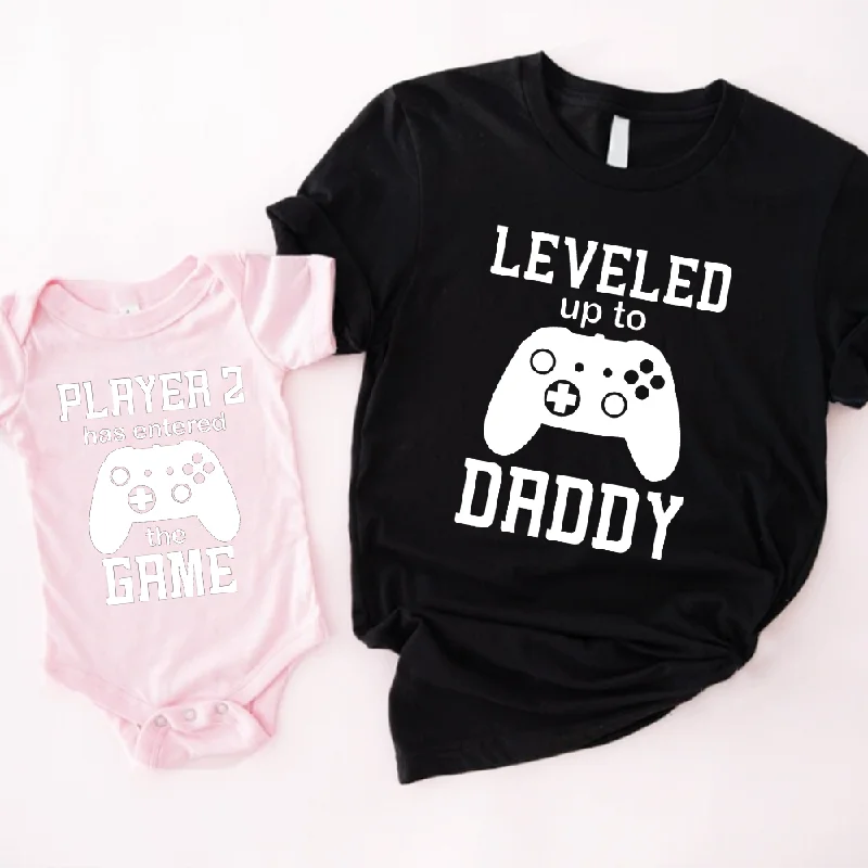 Leveled Up Daddy/Player 2 Dad & Baby Tee & Vest Black/Pink Practical Men's Quick