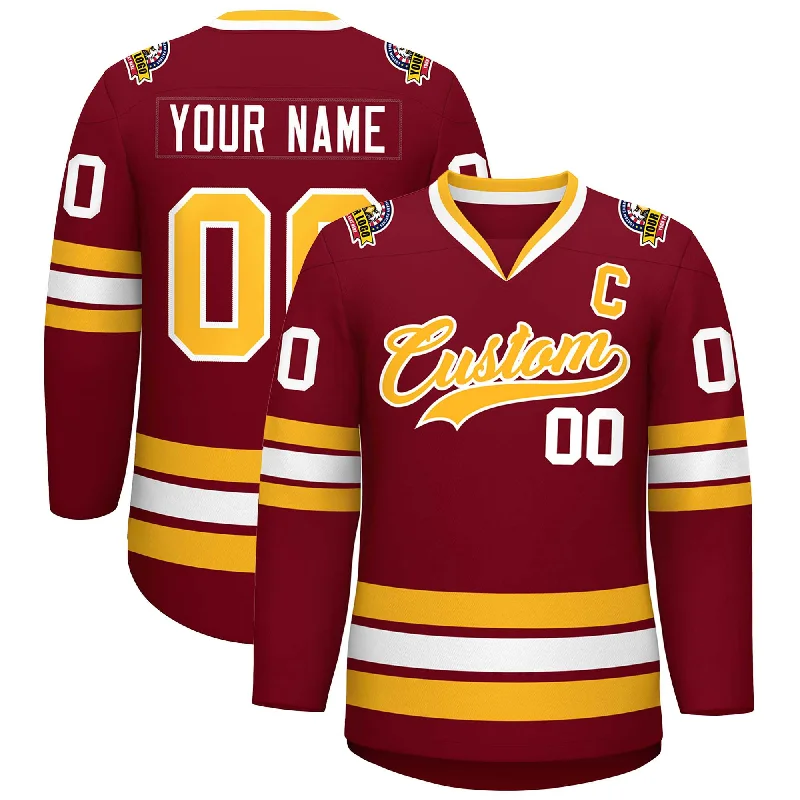 Custom Crimson Gold-White Classic Style Hockey Jersey Monochromatic Office Style