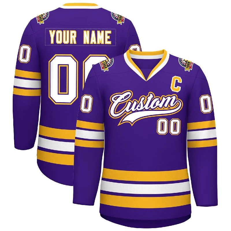 Custom Purple White Purple-Gold Classic Style Hockey Jersey Cclassic Men's Tweed