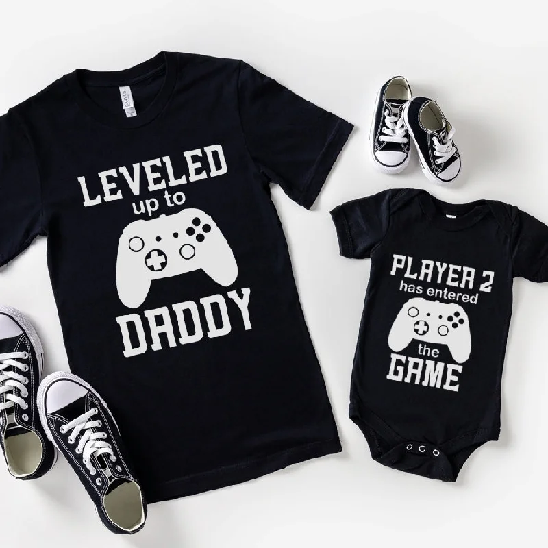 Leveled Up Daddy/Player 2 Matching Black Tees & Baby Vest Sleek Men's Contemporary 