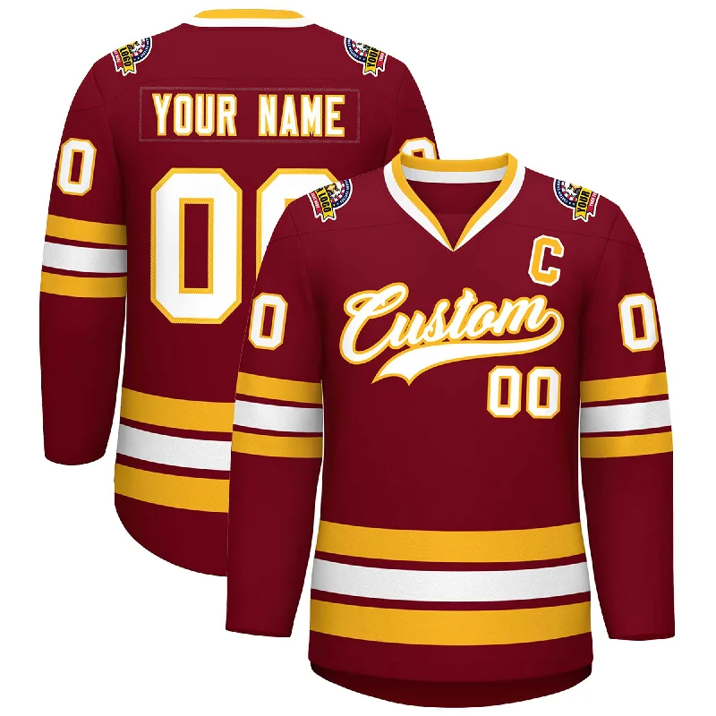 Custom Crimson White-Gold Classic Style Hockey Jersey Cozy Men's Winter