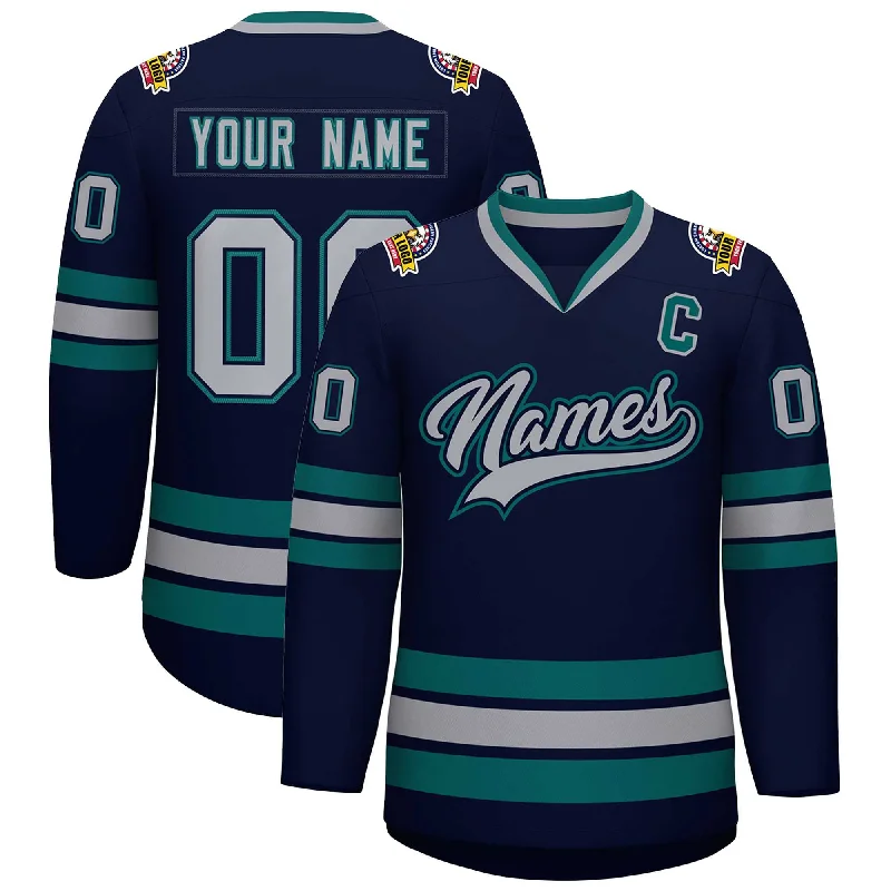 Custom Navy Gray Navy-Aqua Classic Style Hockey Jersey Unique Men's Patch