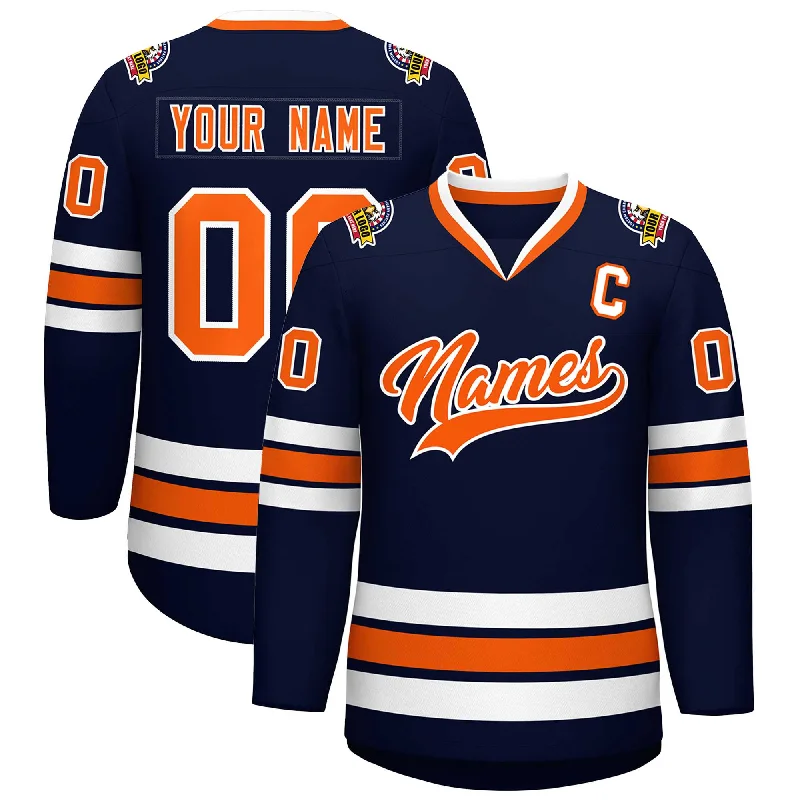 Custom Navy Orange-White Classic Style Hockey Jersey Polished Men's Satin