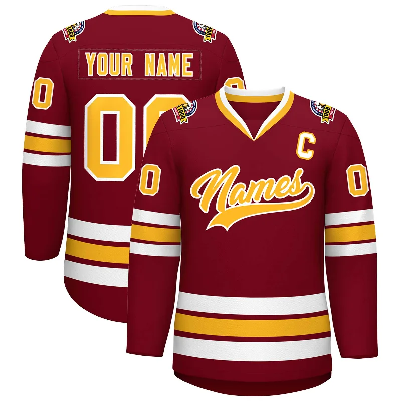 Custom Crimson Gold-White Classic Style Hockey Jersey Traditional Men's Wool