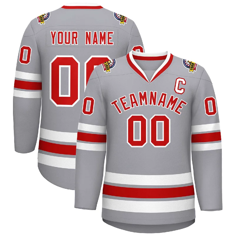 Custom Gray Red-White Classic Style Hockey Jersey Tailored