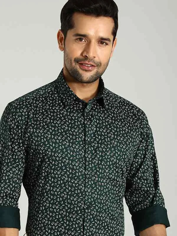 Men Printed Full Sleeve Cotton Stretch Shirt Monochromatic Office Style