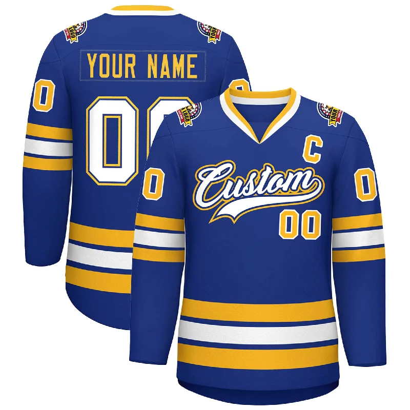 Custom Royal White Royal-Gold Classic Style Hockey Jersey Tough Men's Tactical