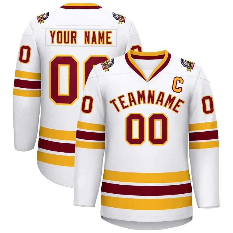 Custom White Crimson-Gold Classic Style Hockey Jersey Vintage Men's 1970S Disco