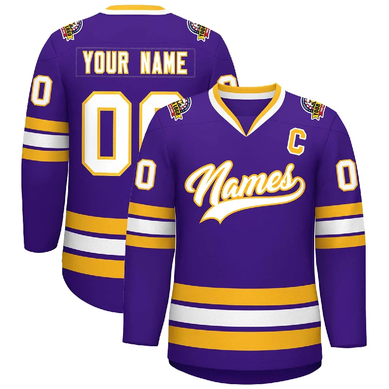 Custom Purple White-Gold Classic Style Hockey Jersey Cozy Men's Winter