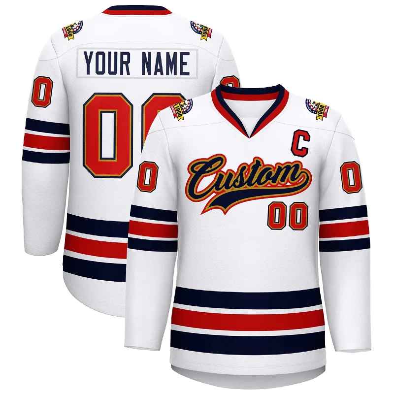 Custom White Navy Old Gold-Red Classic Style Hockey Jersey Vacation