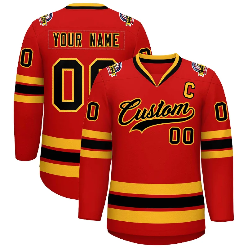 Custom Red Black-Gold Classic Style Hockey Jersey Youthful Men's Pop