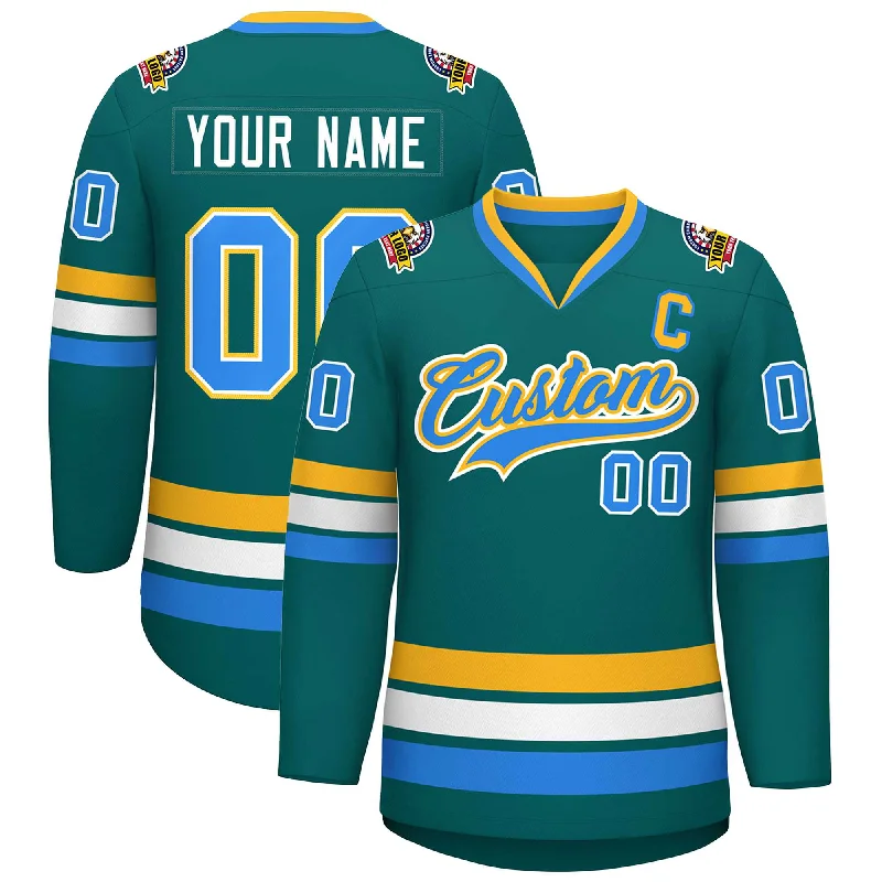 Custom Aqua Powder Blue White-Gold Classic Style Hockey Jersey Youthful Men's Pop