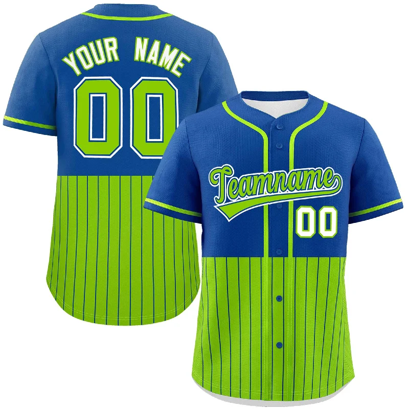 Custom Royal Neon Green Personalized Half Stripe Design Authentic Baseball Jersey Dynamic Men's Moto