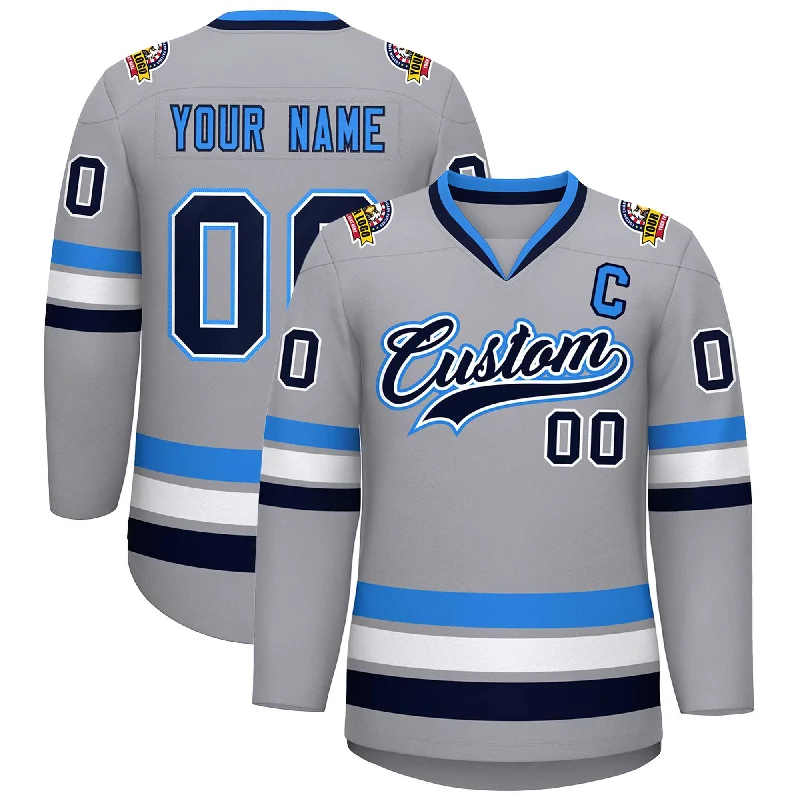 Custom Gray Navy White-Powder Blue Classic Style Hockey Jersey Organic