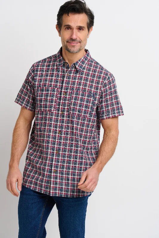 Navy and Red Checked Shirt Refined Men's European