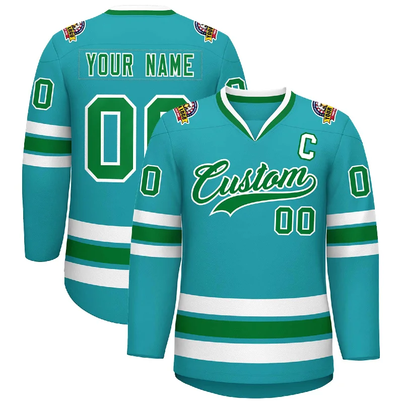 Custom Aqua Kelly Green-White Classic Style Hockey Jersey Refined Men's Hand