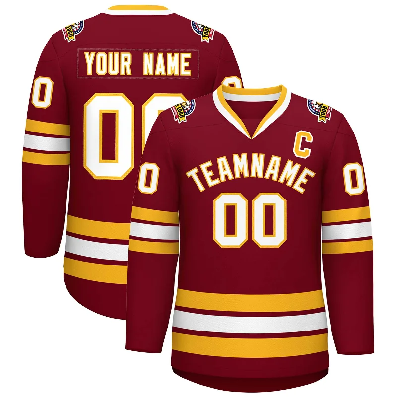 Custom Crimson White-Gold Classic Style Hockey Jersey Laid