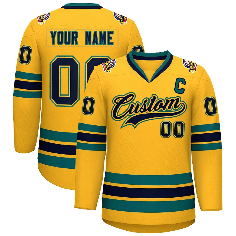 Custom Gold Navy Gold-Aqua Classic Style Hockey Jersey Stylish Men's Tropical 