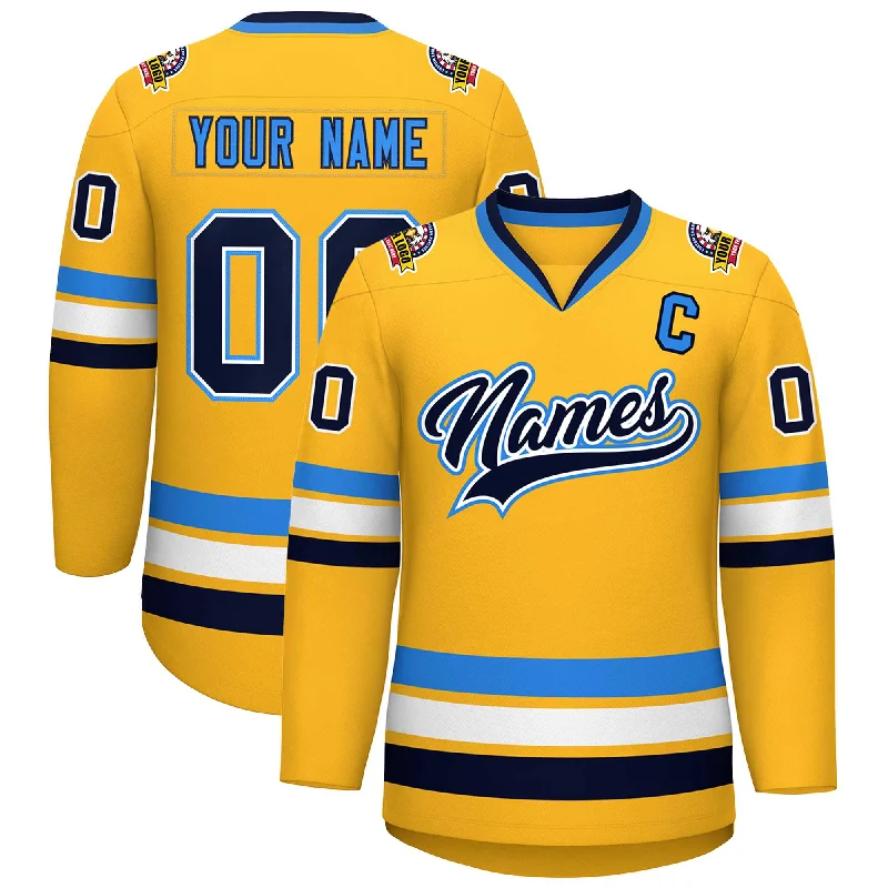 Custom Gold Navy White-Powder Blue Classic Style Hockey Jersey Monochromatic Office Style