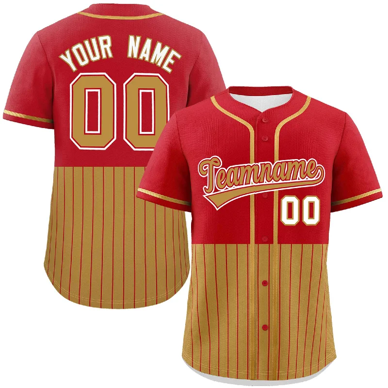 Custom Red Old Gold Personalized Half Stripe Design Authentic Baseball Jersey Sporty Men's Athleisure 