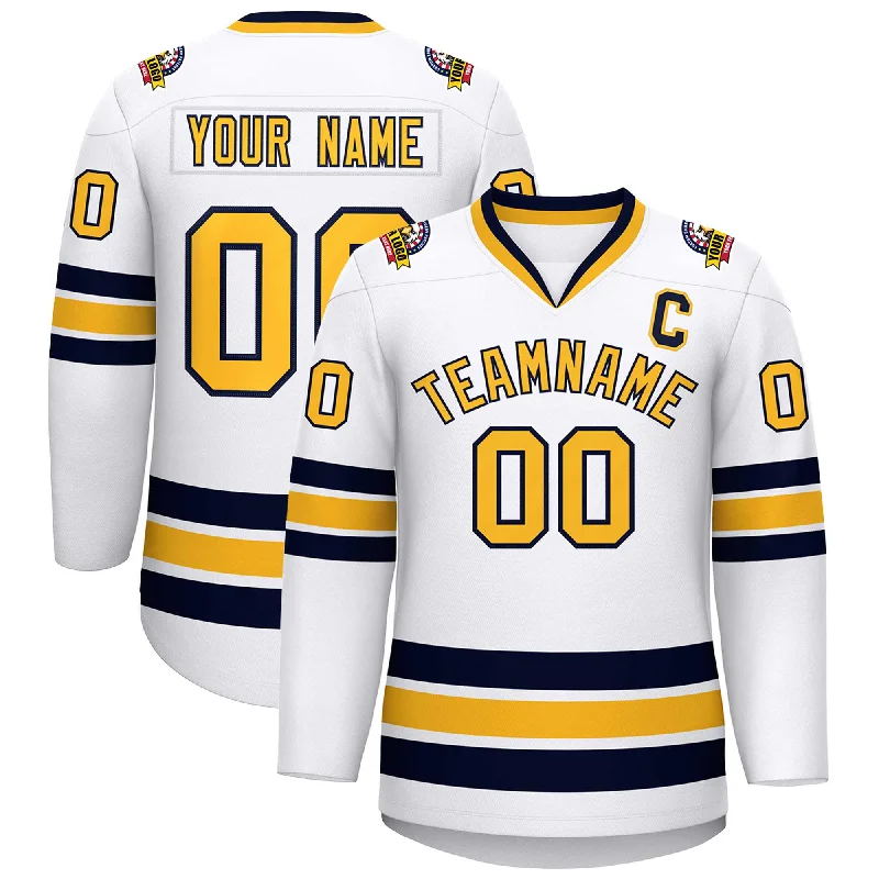 Custom White Gold-Navy Classic Style Hockey Jersey Refined Men's Classic 