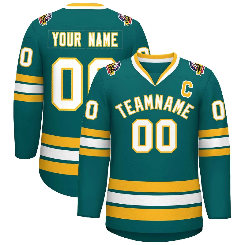 Custom Aqua White-Gold Classic Style Hockey Jersey Monochromatic Office Style