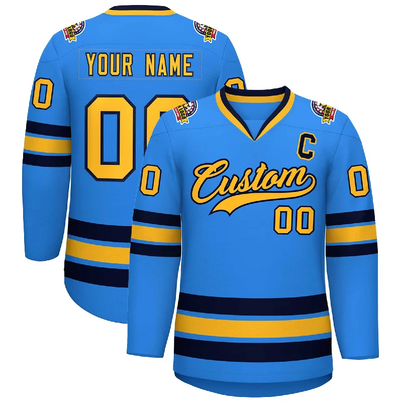 Custom Powder Blue Gold-Navy Classic Style Hockey Jersey Dapper Men's Bow