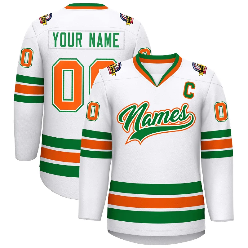 Custom White Kelly Green White-Orange Classic Style Hockey Jersey Refined Men's European