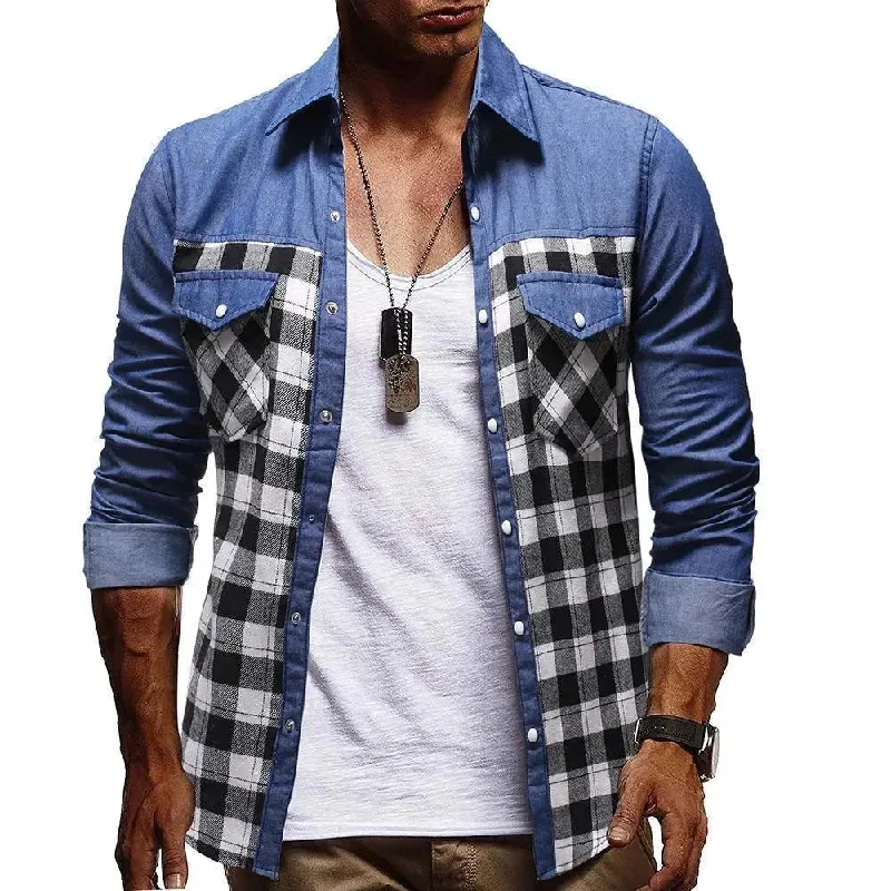 Plaid Casual Denim Shirt For Men, Hip Men's Urban