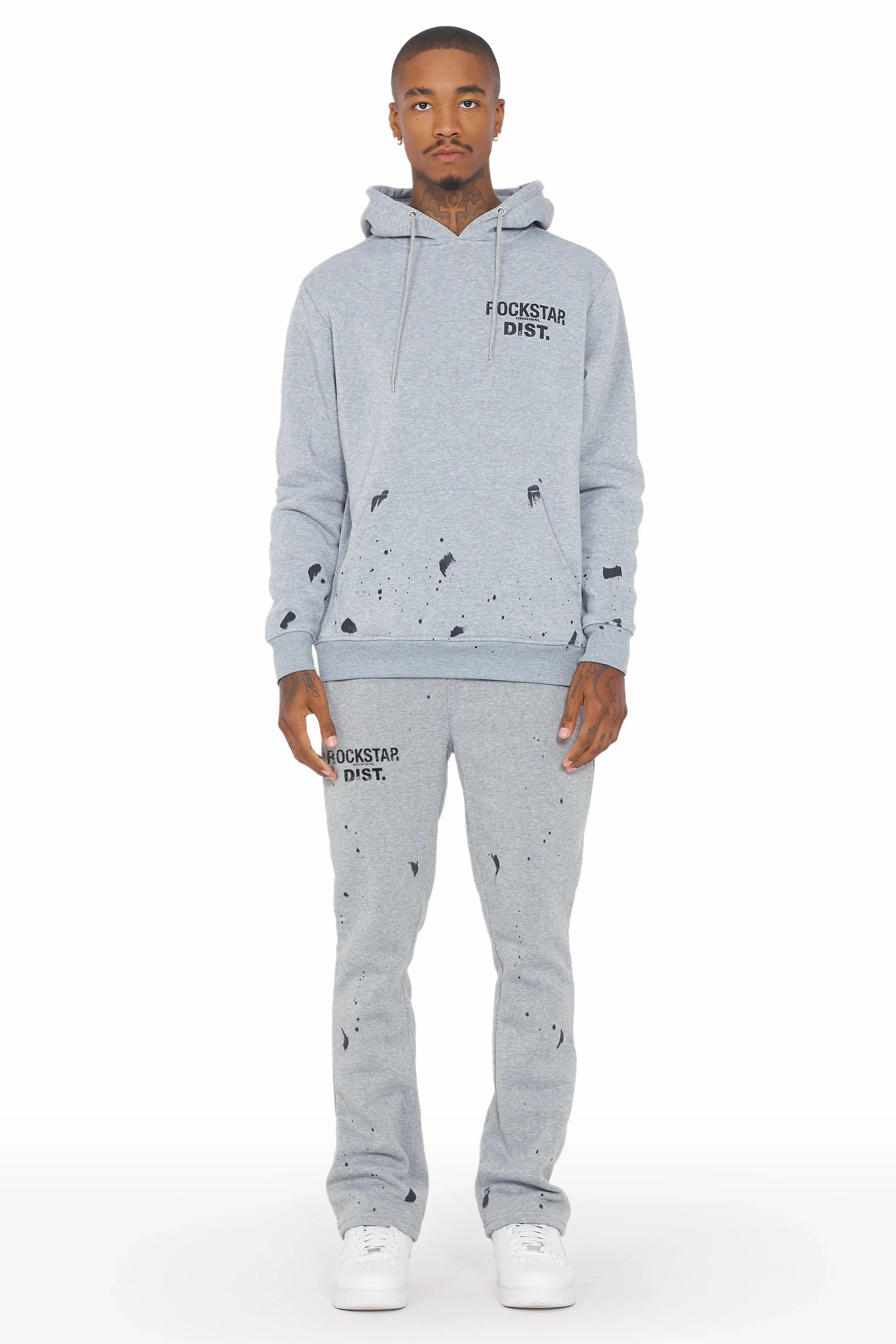 Raffer Heather Grey Hoodie/Stacked Flare Track Set Elegant Men's Cashmere