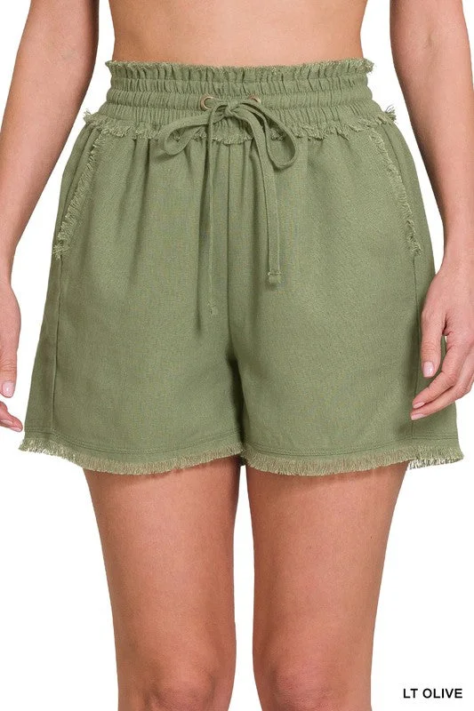 Linen Frayed Hem Drawstring Shorts with Pockets Sporty Men's Tennis