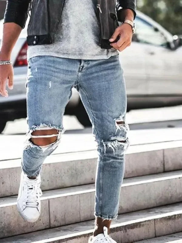 Men Destroyed Pencil Jeans Rugged Men's Outdoor 