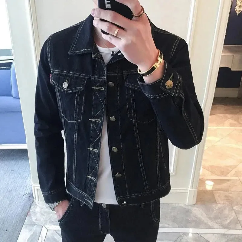 Lapel Denim Jacket Men Sophisticated Men's French