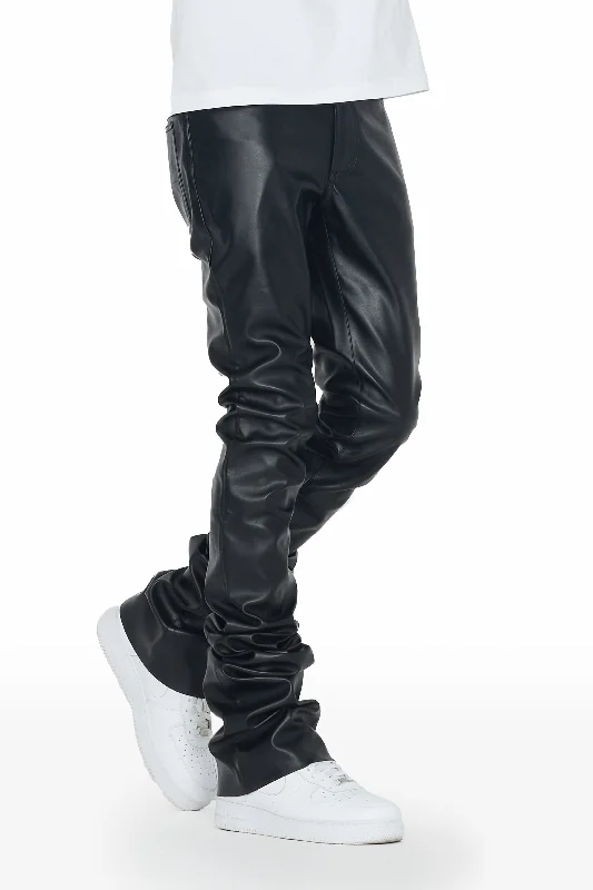 Ricky Black Super Stacked Faux Leather Pant Hip Men's Retro