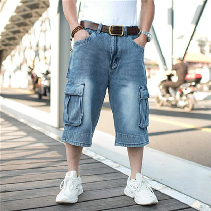 Men's Summer Oversized Curly Cropped Cargo Jean Shorts Bottoms Casual Men's Loose