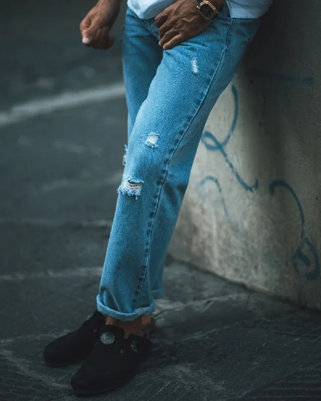 Fade Washed Light Blue Distressed Jeans British Gentleman Style