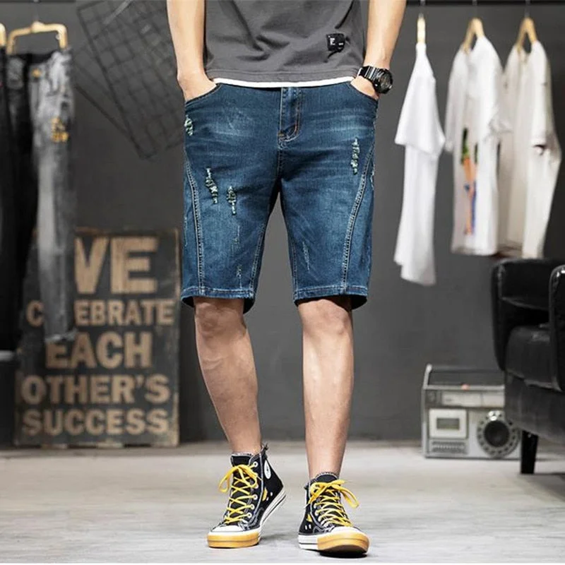 Men's Summer Casual Mid-Waist Hole Splice Denim Baggy Shorts Bold Men's Animal