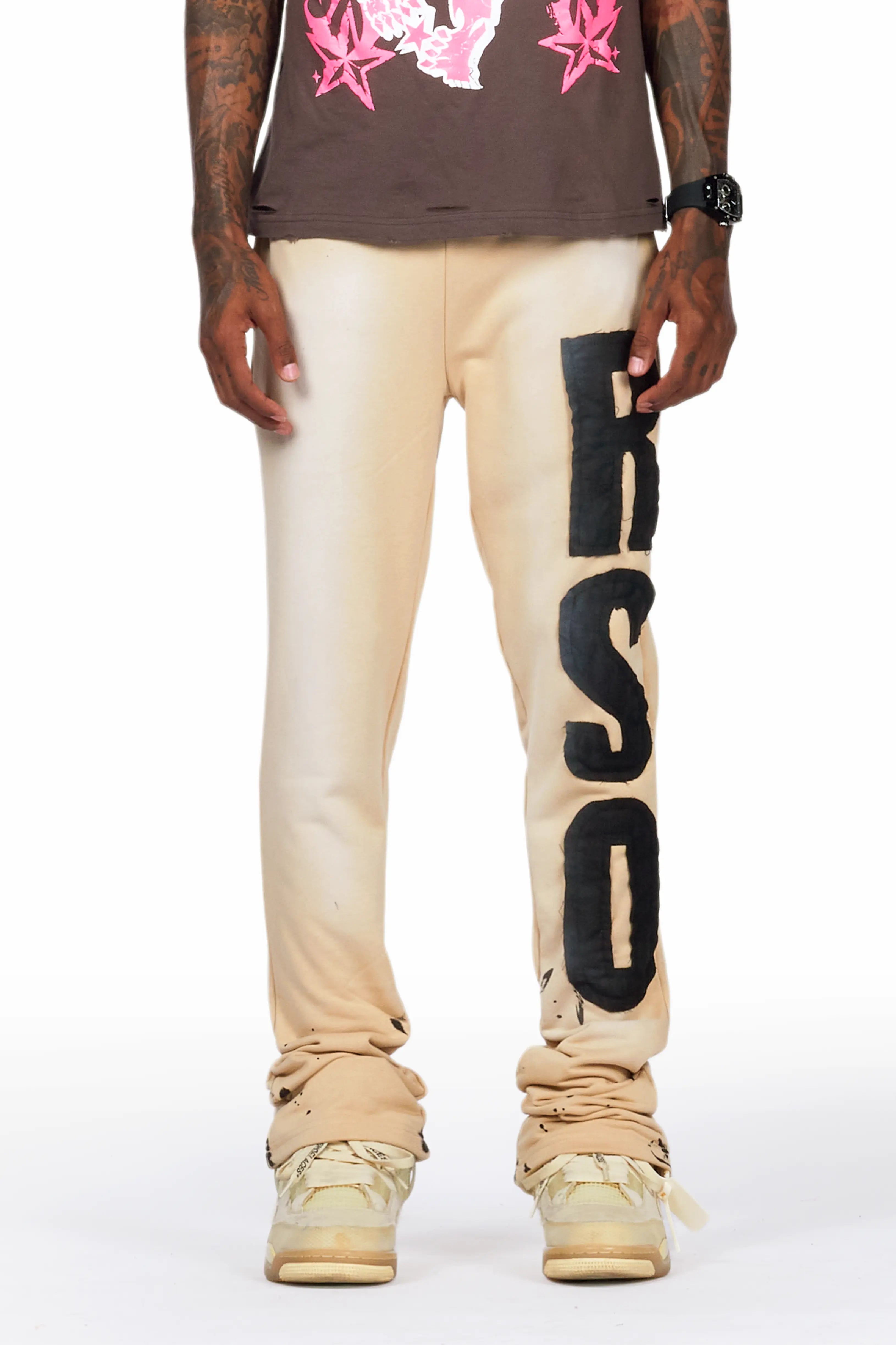 Acotas Khaki Patchwork Stacked Flare Pants Cool Men's Distressed