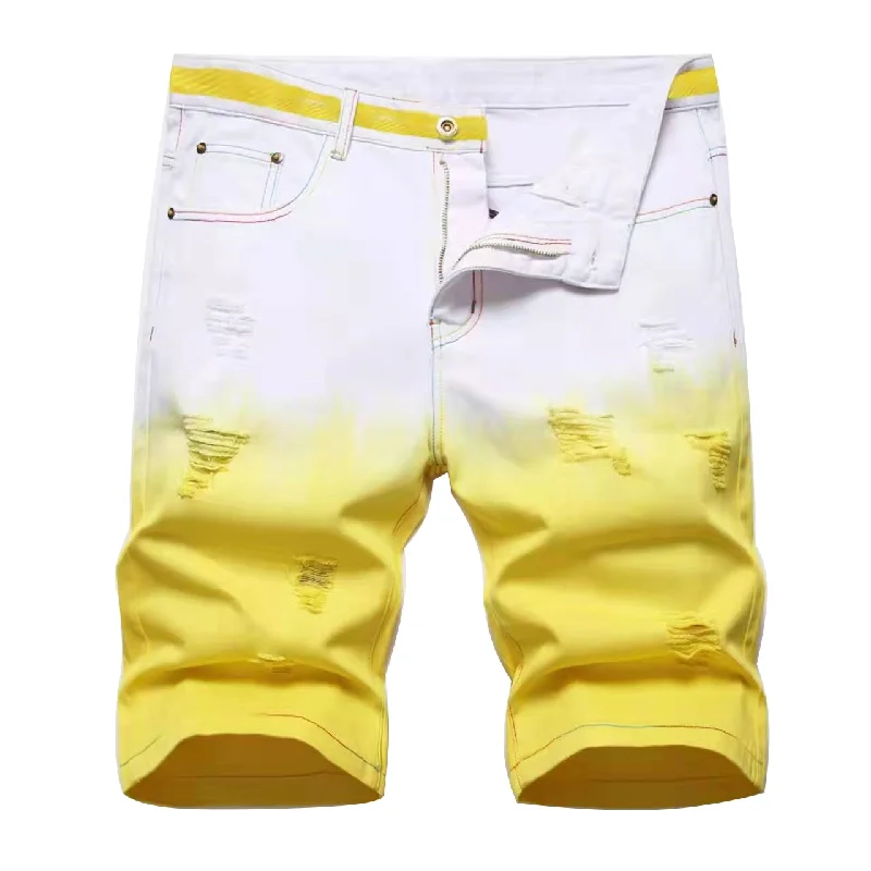 Men's Fashion Gradient Color Elastic Ripped Slim Fit Straight Denim Shorts Artistic Men's Hand